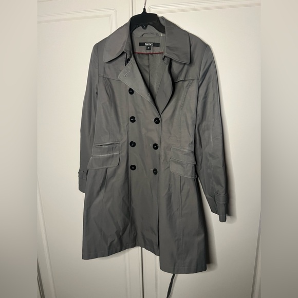 DKNY Gray Belted Trench Coat Medium Classic Double Breasted - Picture 5 of 16